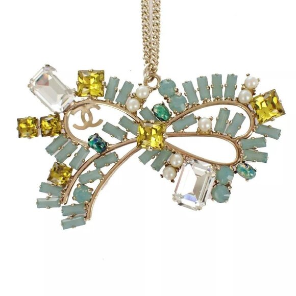 CHANEL CC Ribbon Chain Necklace 05P Color Stone Imitation Pearl Gold - Picture 6 of 13